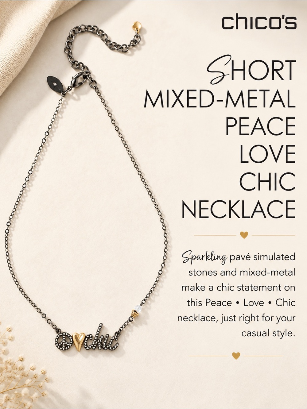 Chico's SHORT MIXED-METAL PEACE LOVE CHIC NECKLACE